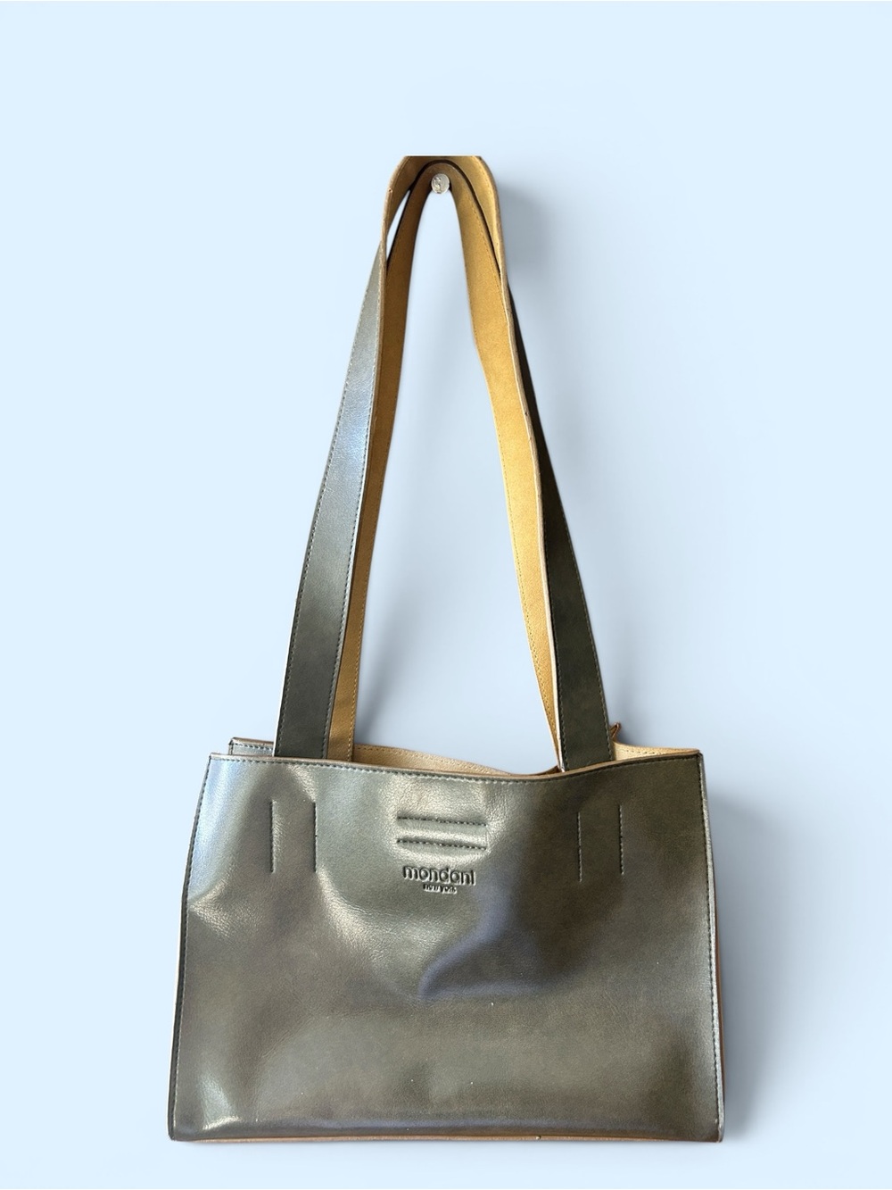 Mondani Olive Green and Tan Shoulder Leather Tote Bag